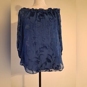 Blue Off-Shoulder Women's Floral Burnout Top Size Med
